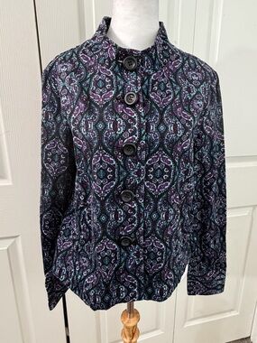 Charter Club Womens Medium Paisley Cotton Blazer Jacket Purple Teal Button Front